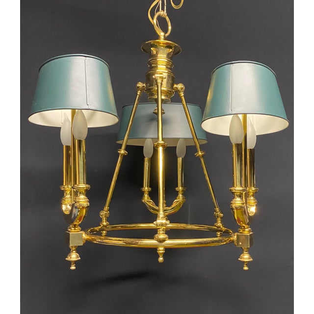 1980s Bouillotte Style Brass 3 Arm Chandelier With Green Tole Shades by Lightolier For Sale - Image 14 of 16