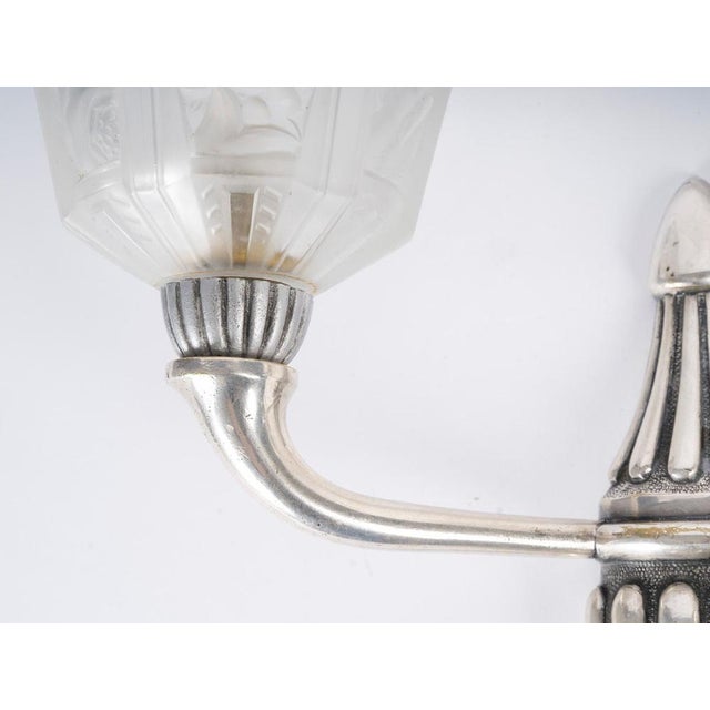 Art Deco Silver-Plated Bronze Wall Sconces with Glass Shades, 1930, Set of 2 For Sale - Image 4 of 8