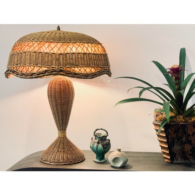 Early 20th Century Arts & Crafts Heywood-Wakefield Antique Wicker Table Lamp with Silk Underlay on Mushroom Shaped Shade....