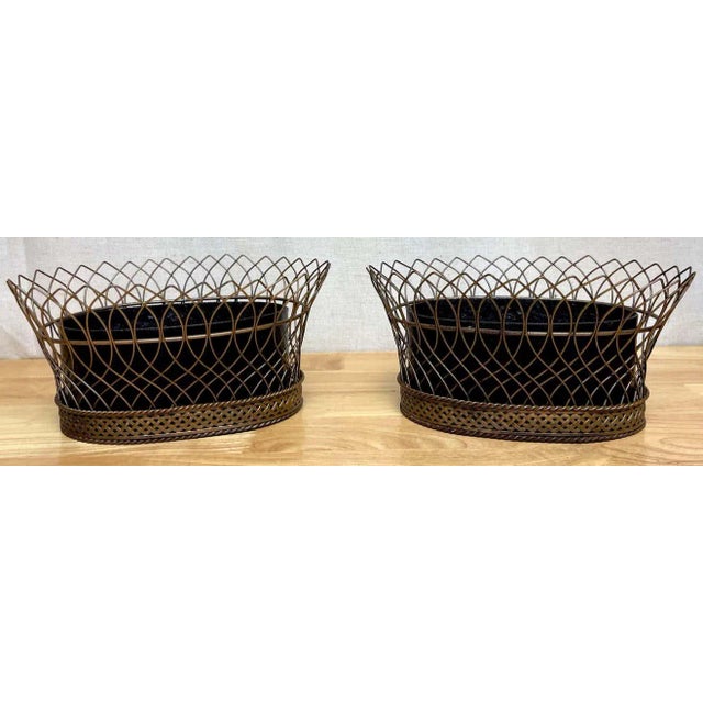 Early 20th Century Antique French Gilt T?¥le & Iron Tole Metal Filigree Oval Planters - A Pair For Sale In Greensboro - Image 6 of 13