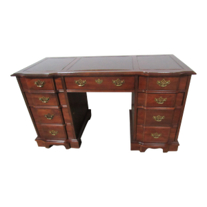 Vintage Mahogany Leather Executive Desk Chippendale Block-Front