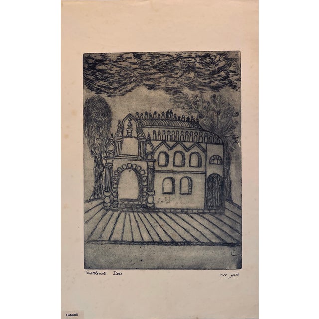 Dora Szampanier, Etching of destroyed synagogue - Lubomil, Ukraine For Sale