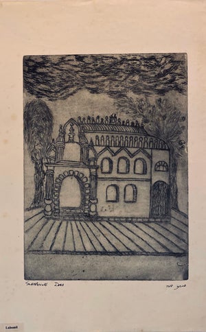 Dora Szampanier, Etching of destroyed synagogue - Lubomil, Ukraine