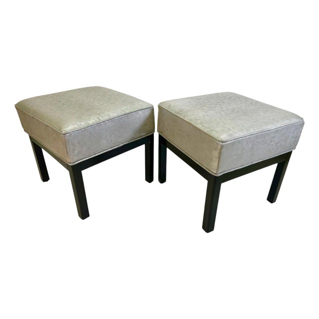 Pair of Square Stools in Luxe Silver Shagreen Leather and Walnut Stained Legs For Sale