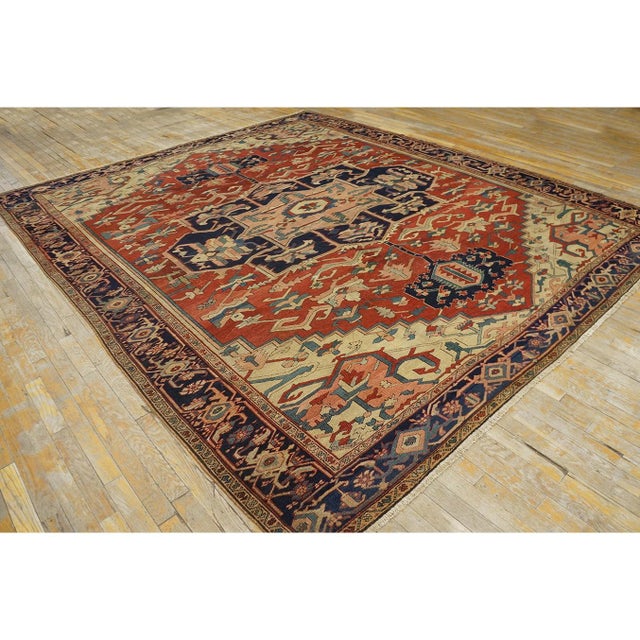 1880s Square Antique Red Geometric Anchor Medallion Persian Serapi Rug For Sale - Image 4 of 9