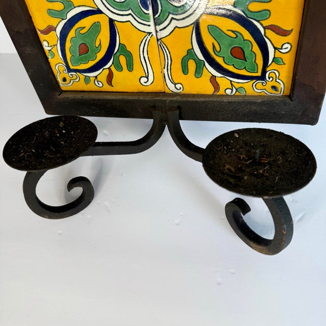 1960s Vintage Mexican Wrought Iron Candle Holder W Colima Talavera Tile - Lou Costello For Sale - Image 5 of 11