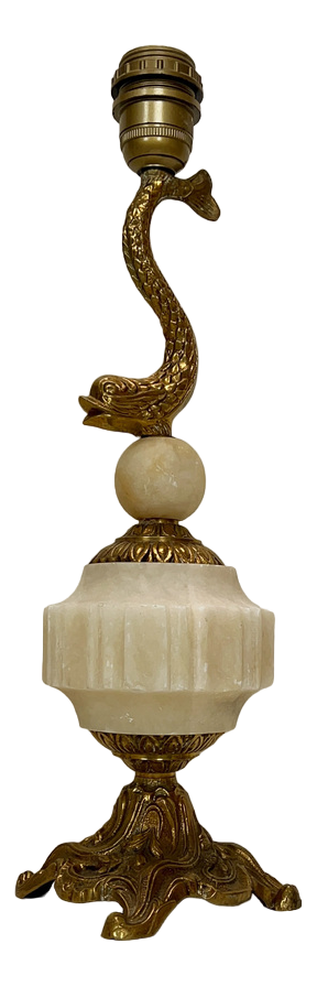 Vintage Brass and Marble Dolphin Table Lamp, France, 1950s