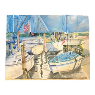 1980’s Original Vintage Sale Boats in Harbor Watercolor Painting Signed For Sale