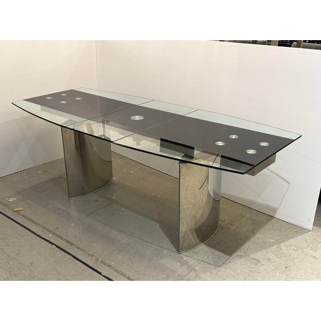 Modern Double Pedestal Extendable Glass Top Table For Sale - Image 4 of 12