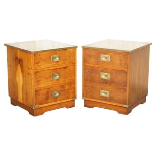 Vintage Burr Yew Wood & Green Leather Military Campaign Nightstands, Set of 2 For Sale