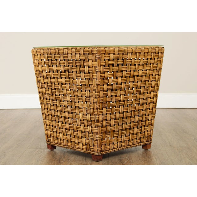 Mid-Century Modern 1980s Woven Wicker Square Glass Top Side Table For Sale - Image 3 of 13