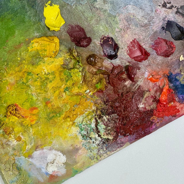 Wood Late 20th Century Bright Vintage Artist's Large Painting Palette With Remnant Oil Paint For Sale - Image 7 of 10