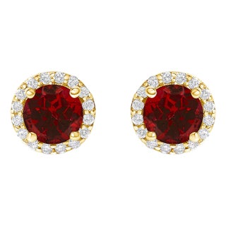 10K Yellow Gold Red Garnet and 1/6 Cttw Diamond Halo Stud Earrings ,A Pair For Sale