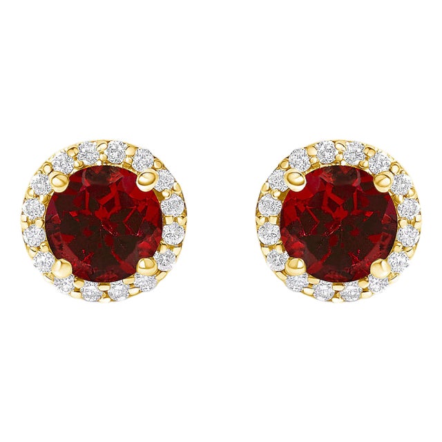 10K Yellow Gold Red Garnet and 1/6 Cttw Diamond Halo Stud Earrings ,A Pair For Sale