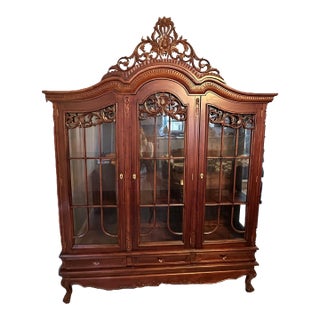 Vintage Chippendale Style 3-Door Mahogany China Cabinet W/ 3 Drawers & Key For Sale