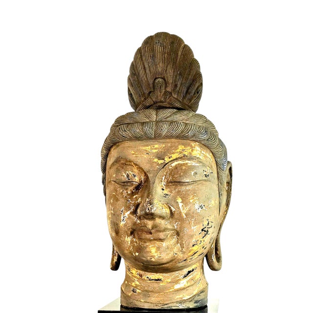 Wood Monumental Thai-Style Buddha Head Sculpture on Lacquered Pedestal, 80"h For Sale - Image 7 of 13