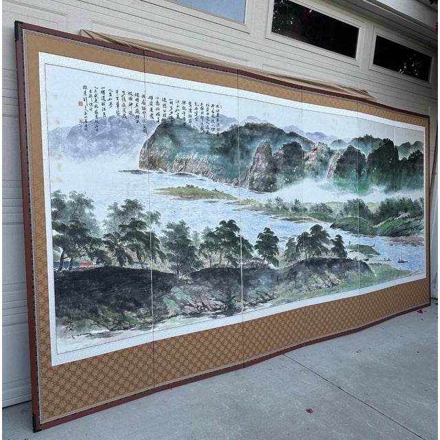 Mid 20th Century Monumental Chinese 6 Panel Hand-Painted Landscape Screen W/ Cranes & Calligraphy For Sale - Image 15 of 18