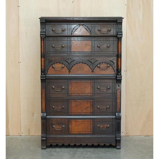 Victorian Burr Elm Wellington Chest of Drawers with Crests Seal from R Crosby & Son, Set of 161 For Sale - Image 3 of 18