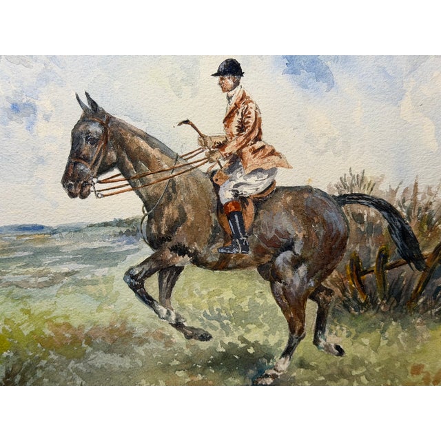British Sporting School, Circa 1990 – The Huntsman on a Bay Hunter – Equestrian Watercolor Gilt Framed & Mounted For Sale - Image 10 of 11