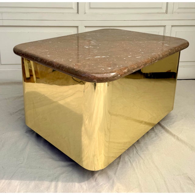 Postmodern Vintage Brass Clad Marble Top Coffee Table in the Style of Milo Baughman For Sale - Image 3 of 10