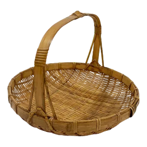 Vintage Round Scorched Rattan Wicker Handled Basket Tray