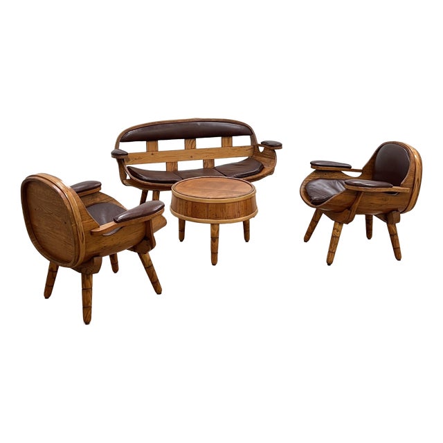 Rustic Wooden Barrel Chairs and Sofa, Italy, 1970s, Set of 4 For Sale