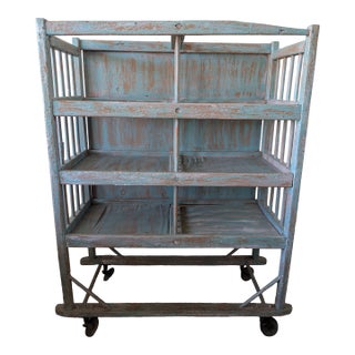 Vintage Rustic Farmhouse Painted Rolling Shelf For Sale