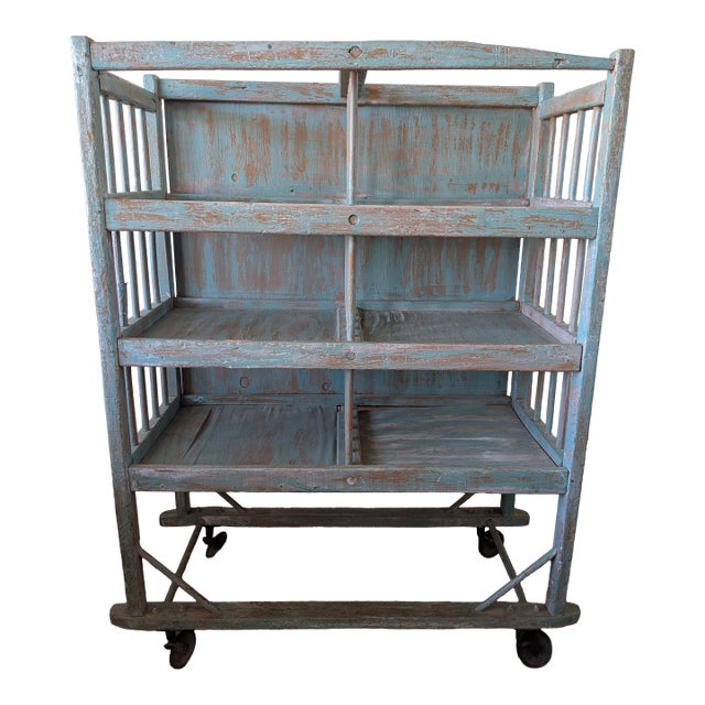 Vintage Rustic Farmhouse Painted Rolling Shelf For Sale