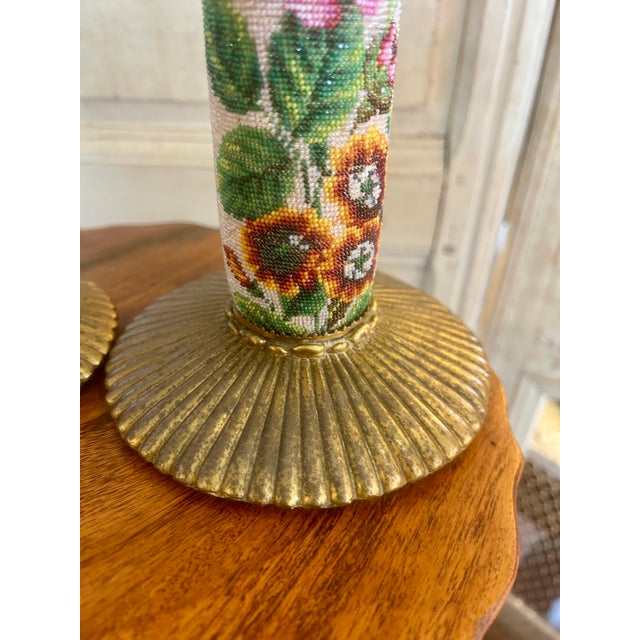 Metal Antique Crystal Bead Petit Point Candle Holders Pair For Sale - Image 7 of 15