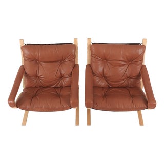 Vintage Siesta Chairs in Cognac Leather and Plywood by Ingmar Relling for Westnofa, 1960s, Set of 2 For Sale