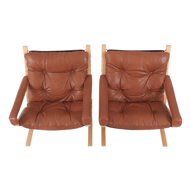 Vintage Siesta Chairs in Cognac Leather and Plywood by Ingmar Relling for Westnofa, 1960s, Set of 2 For Sale