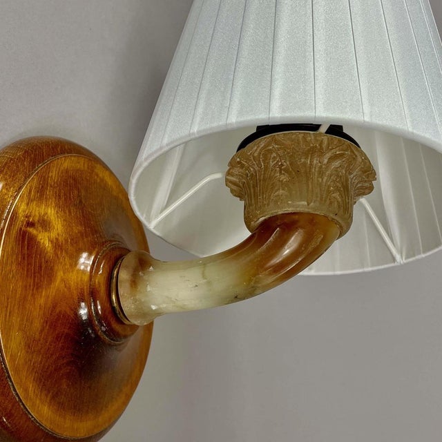 Alabaster, Birch and Pleated Fabric Wall Light, Sweden, 1920s For Sale - Image 13 of 18