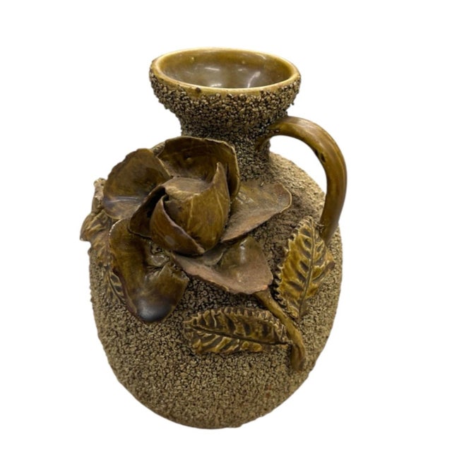 Rustic Vintage Earth-Tone Ceramic Pitcher Vase With Sculpted 3d Floral Motif & Pebble Texture For Sale - Image 3 of 12