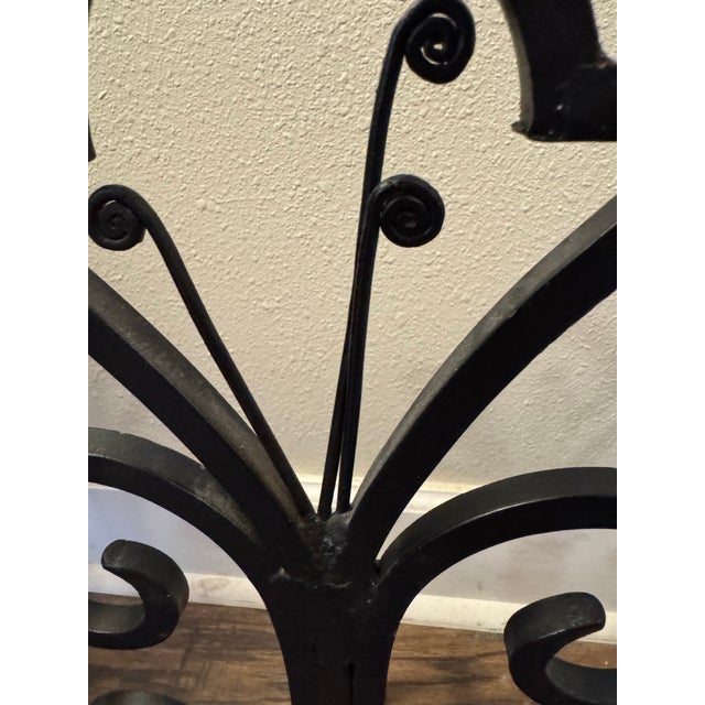 1930s Pair of Vintage Wrought Iron Fleur-De-Lis Fireplace Andirons For Sale - Image 5 of 5