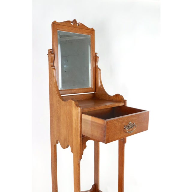 Victorian Antique Oak Shaving Stand With Beveled Mirror For Sale - Image 3 of 9