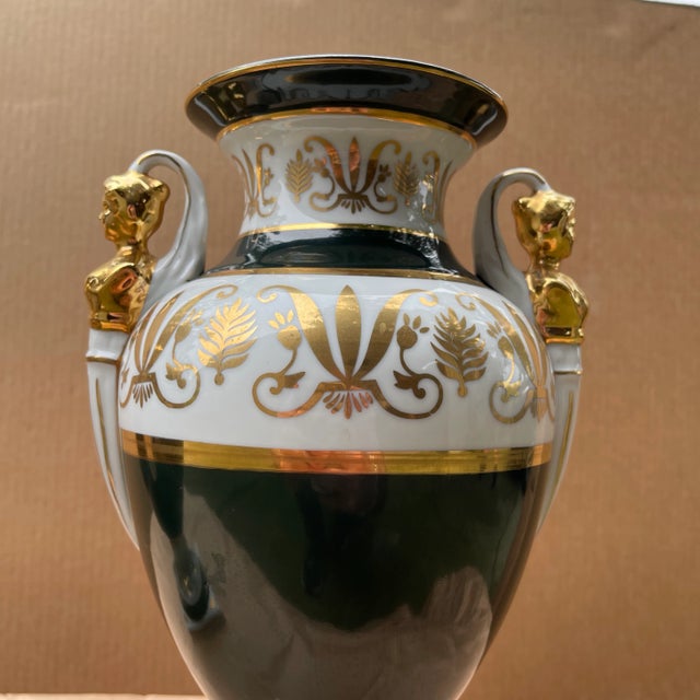 French Pair of French Empire Style Forest-Green and Parcel-Gilt Pyriform Double-Handled Urns For Sale - Image 3 of 5