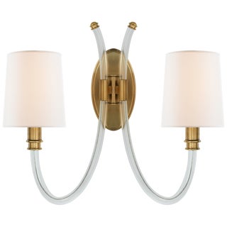 Julie Neill for Visual Comfort Signature Clarice Double Sconce in Crystal & Antique-Burnished Brass with Linen Shades For Sale