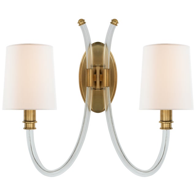 Julie Neill for Visual Comfort Signature Clarice Double Sconce in Crystal & Antique-Burnished Brass with Linen Shades For Sale