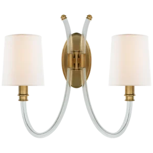 Julie Neill for Visual Comfort Signature Clarice Double Sconce in Crystal & Antique-Burnished Brass with Linen Shades