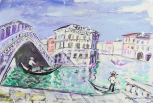 'The Rialto Bridge, Venice' by Theodor Hagedorn-Olsen, 1989; Danish Post-Impressionist Oil