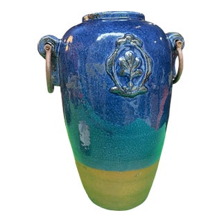 1970s Oversized Blue Ceramic Vase With Metal Ears For Sale