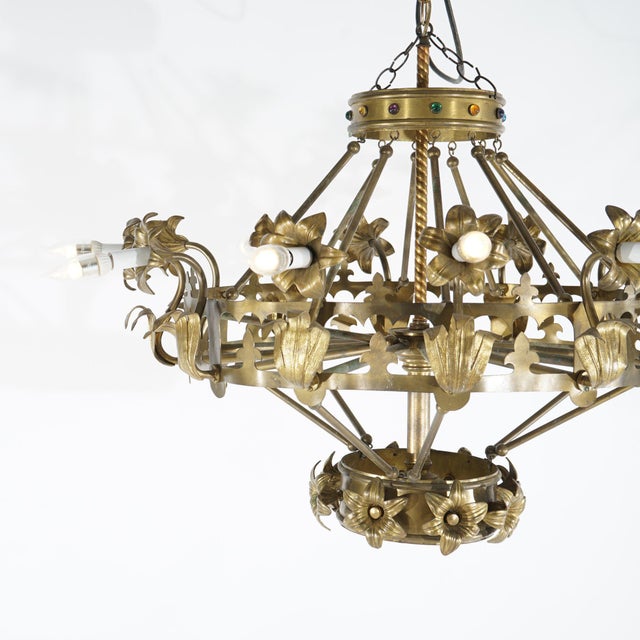Antique French Fleur-de-Lis Design Brass & Jeweled Twelve-Light Chandelier 1930 For Sale - Image 11 of 12
