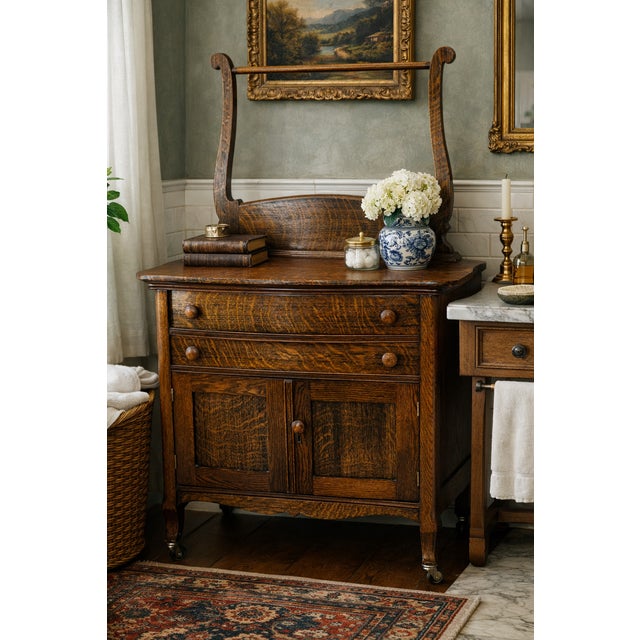 Grandmillennial Antique Tiger Oak Wood Cabinet Dresser w/ Removable Towel Bar Kindly note photo number two (2) is a...
