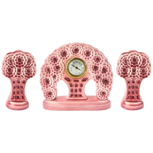 19th Century Art Nouveau Majolica Floral Dresser Mantel Clock and Garniture Set - 3 Pieces