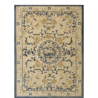 1880s Beige Foo Dogs Chinese Lions Medallion Antique Ningxia Small Rug For Sale