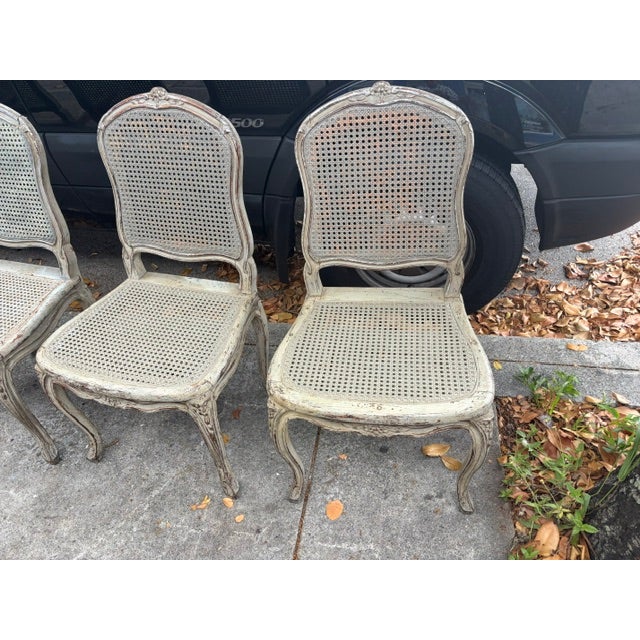 Set of 6 Antique French Louis XVI Painted Cane Dining Chairs With Cushions For Sale - Image 11 of 12