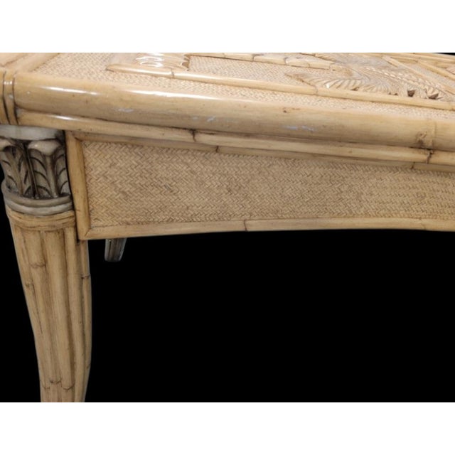1990s Vintage Coastal Regency Double Palm Tree Carved Wicker Bamboo Desk Dining Table For Sale - Image 5 of 9