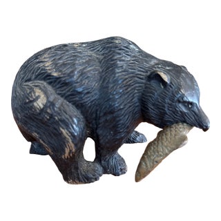 Mid 20th Century Black Bear With Salmon Catch Painted Bronze For Sale