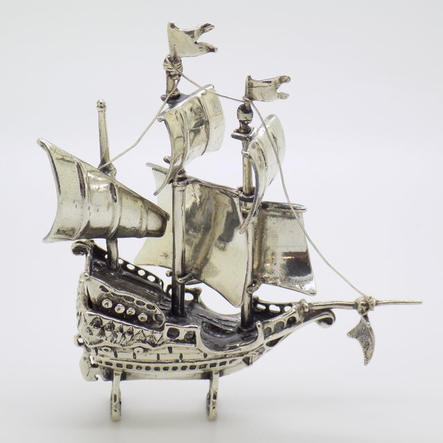 Large Vintage Italian Handmade Silver Caravel Sailing Ship Figurine, Tuscany, Italy, 1980s For Sale - Image 3 of 11