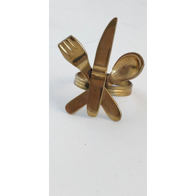 Shabby Chic Vintage Brass Napkin Rings With Utensils Set of Six Knife Spoon Fork For Sale - Image 3 of 8